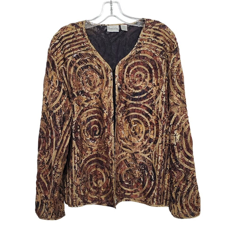 Chicos 3 Sz XL Jacket Abstract Swirl Patterned Open Front Nylon Silk Earth Tones - Picture 2 of 10
